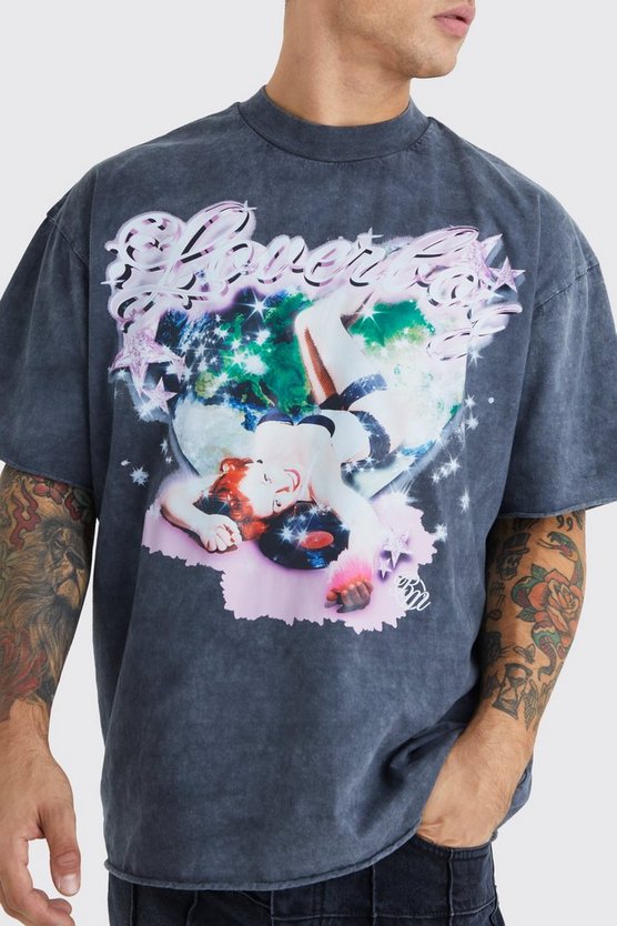 Oversize T-Shirt mit rohem Saum und Print