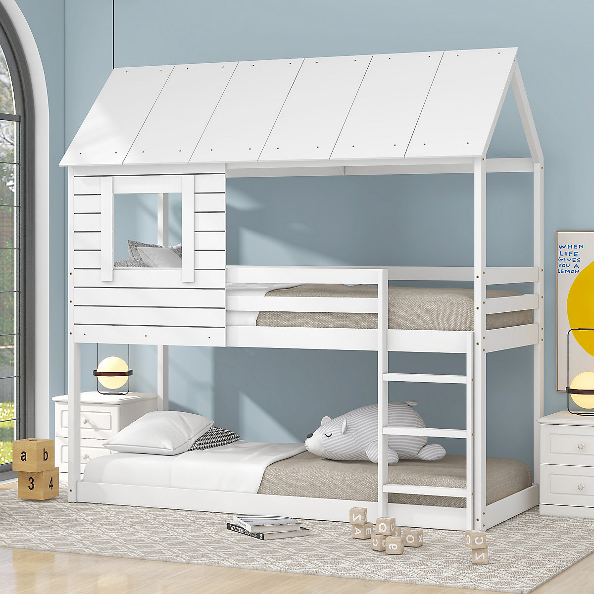 Etagenbett Kinderbett Holz Etagenbett 90 X 200 cm, Kinder hausbett mit Dach, Leiter und Lattenrost