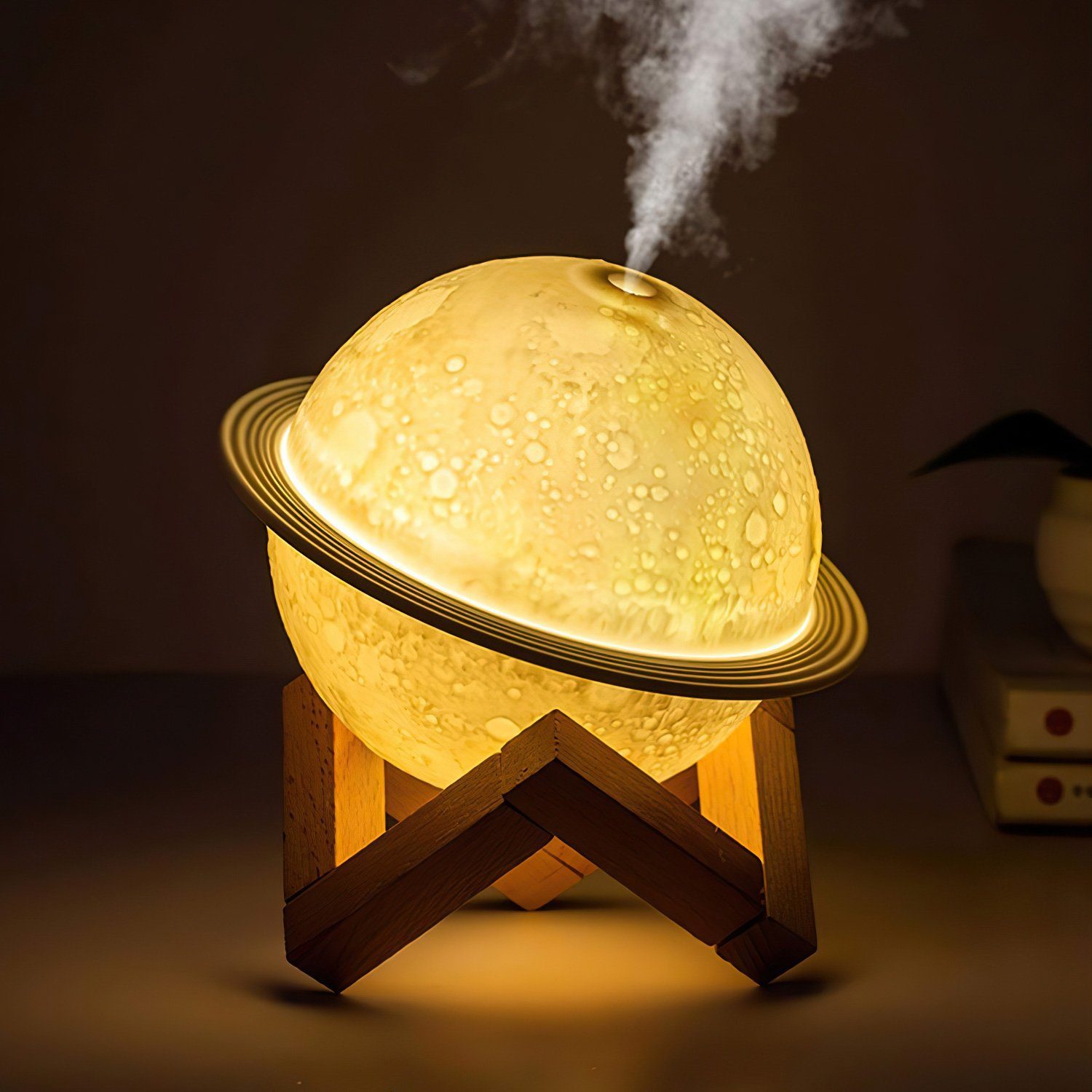 IVSO Luftbefeuchter Mond Lampe,Mondlampe, mit Cool Mist Luftbefeuchter Funktion 200ML USB, mit Holzhalterung