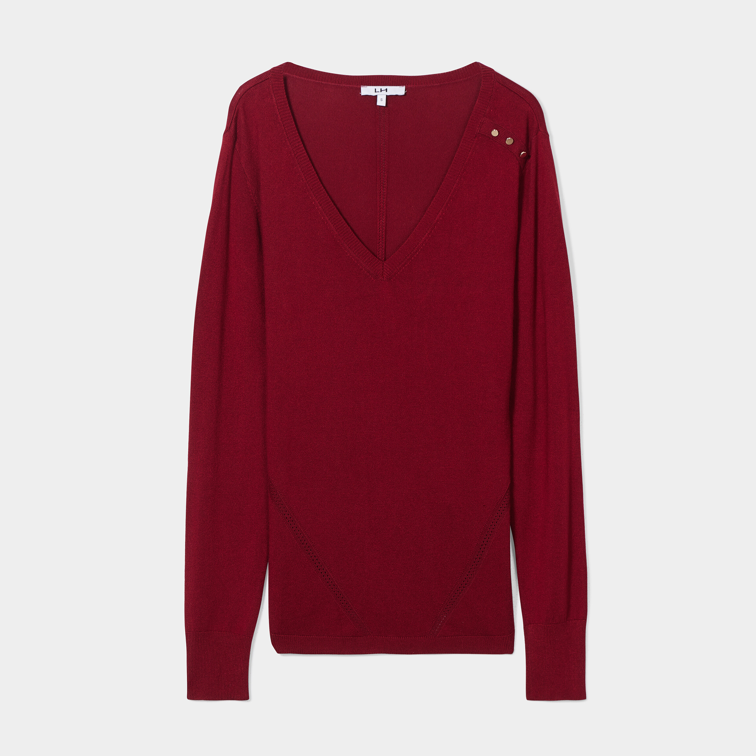 Pull col en V détails ajourés bordeaux femme | La Halle