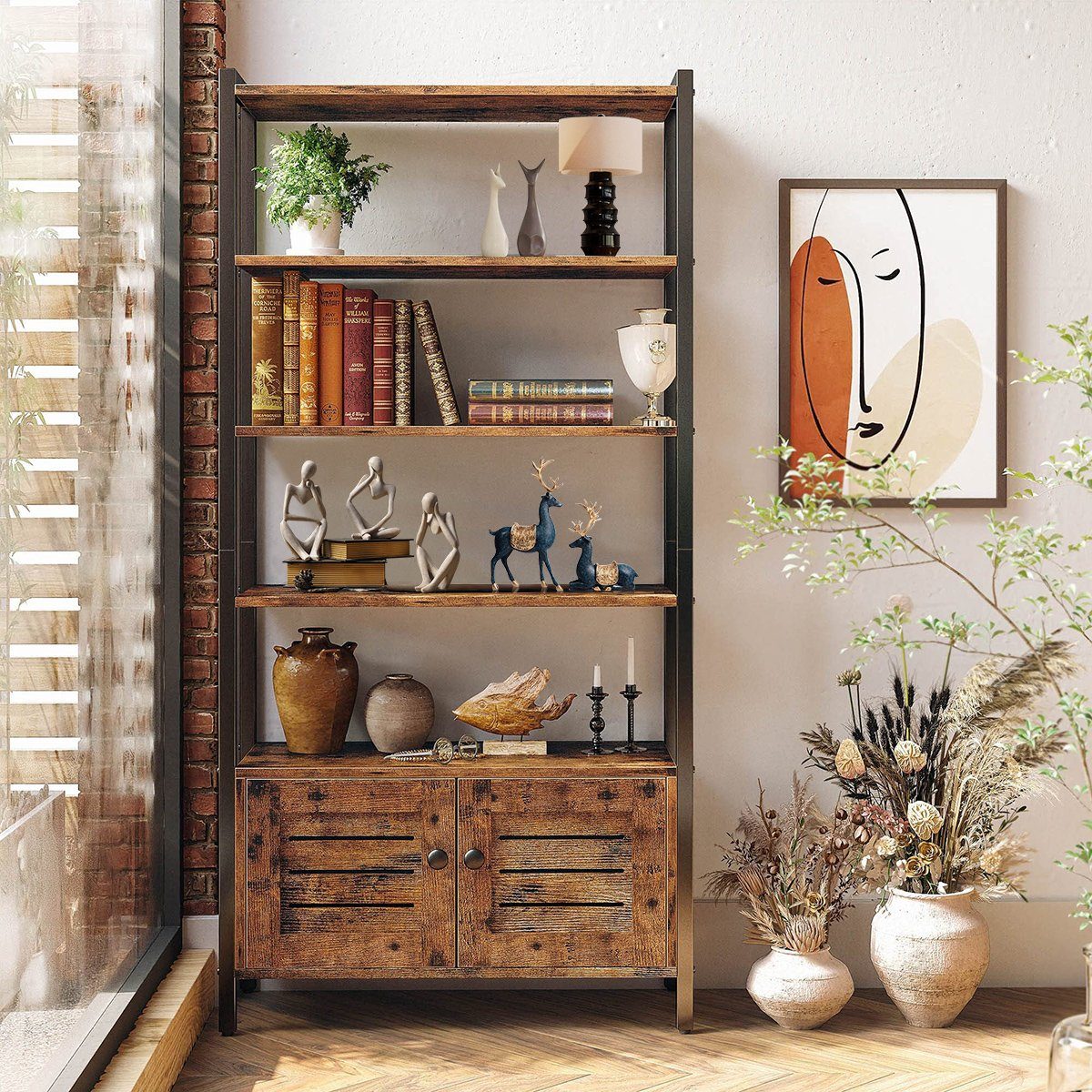 MULISOFT Bücherregal Bücherregal 5 Fächer, Aufbewahrungsregal mit Metallrahmen 75x28x144cm, Standregal Bücherschrank mit Schrank für Wohnzimmer Büro