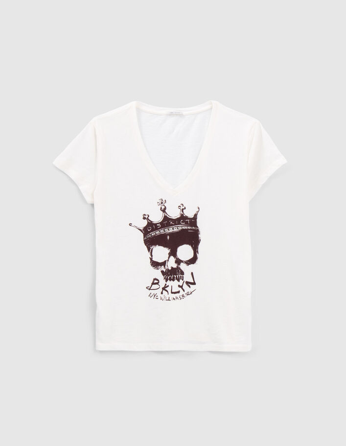 Tee-shirt blanc à visuel tête de mort couronnée Femme