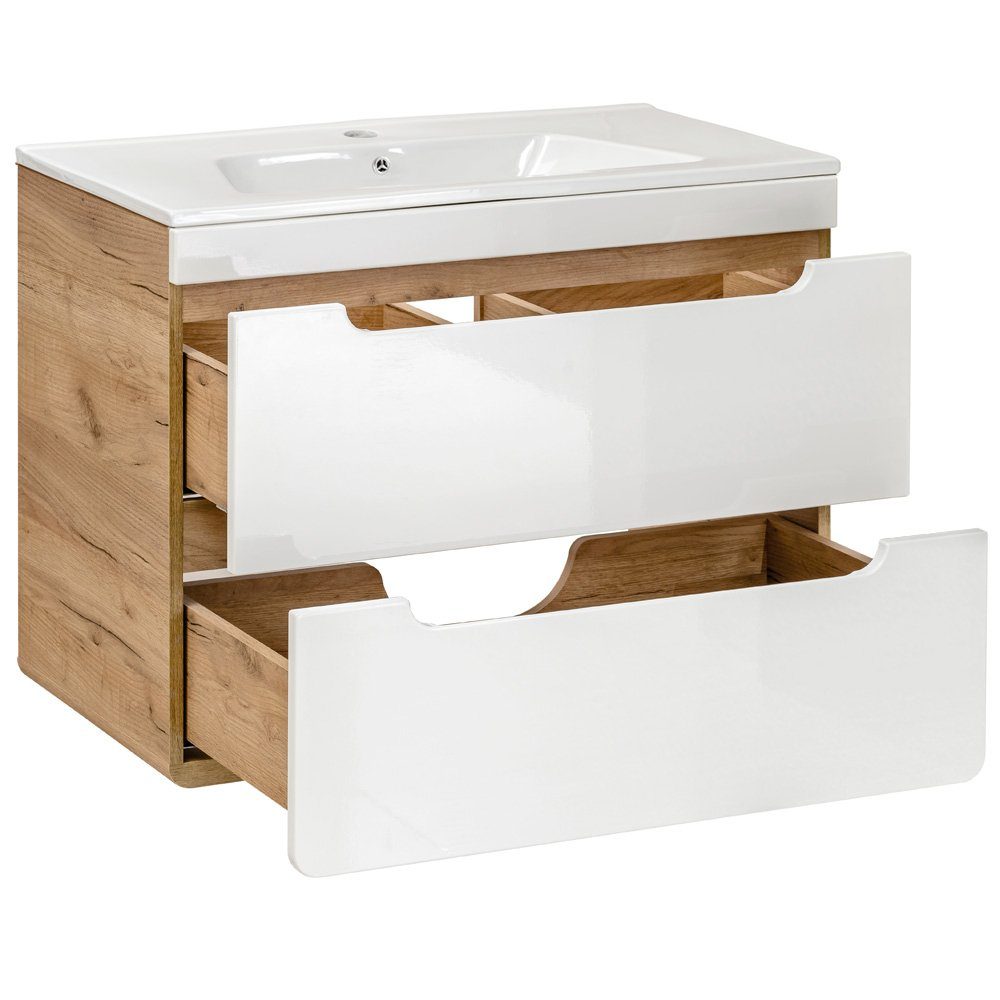 Lomadox Badmöbel-Set LUTON-56, (7-St), weiß mit Wotan Eiche Nb. mit LED-Spiegelschrank 130/200/46 cm