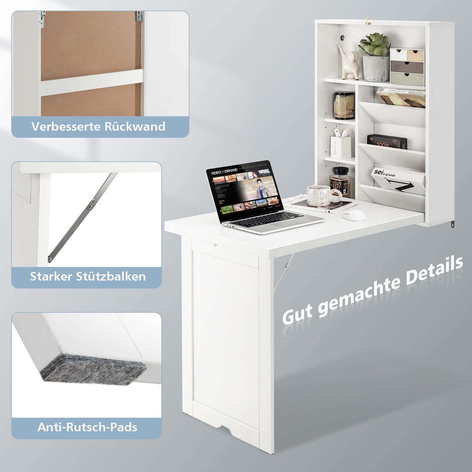 COSTWAY Klapptisch, Wandtisch platzsparend, 60x94,5x151cm, weiß