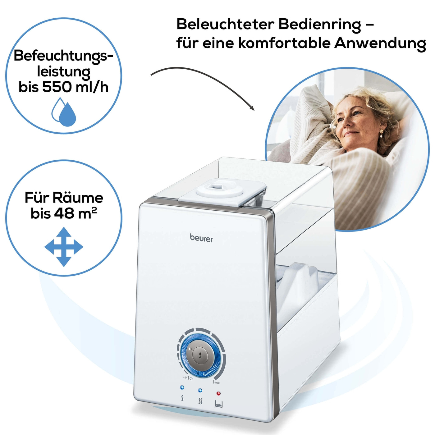 Beurer Luftbefeuchter LB 88 White-Luftbefeuchter mit zuschaltbarer 3 Stufen Wassererhitzung & Kalkpads bis 48 m²
