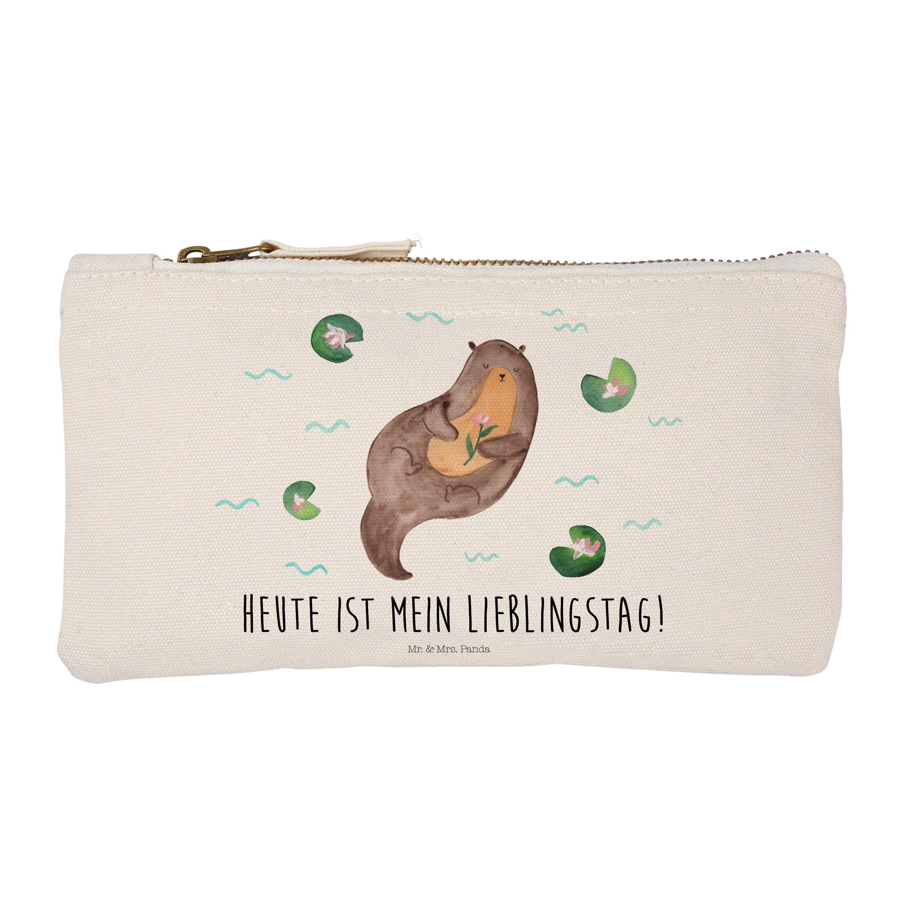 Mr. & Mrs. Panda Kosmetiktasche Otter mit Seerose - Weiß - Kosmetikbeutel, Stiftemäppchen, Kosmetiktasche, Schminktasche klein, Damen (1-tlg)