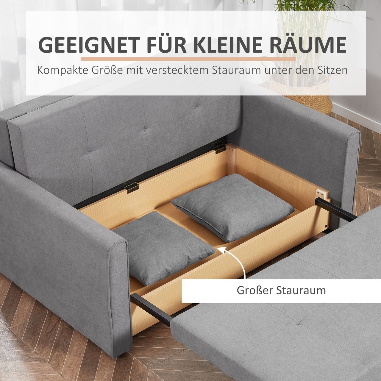 HOMCOM Schlafsofa 2-Sitzer Sofa, Polstersofa mit Stauraum, Rückenkissen, Grau