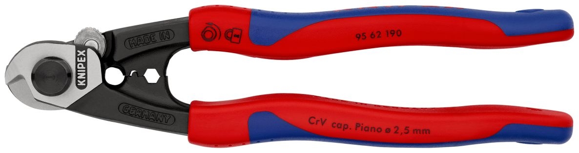 Tronchesi per filo d'acciaio Knipex 95 62 190, guaine Bowden, tappi terminali per cavi in filo d'acciaio da 2,5 a 7,0 mm