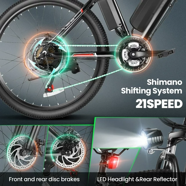 Gocio 500W Electric Bike 26 Electric Bicycle for Adults with Cruise Control System Ebike, Mountain Bike with Removable 375Wh Lithium-Ion Battery 50 Miles, 21 Speed Commuter Bike for Man Woman