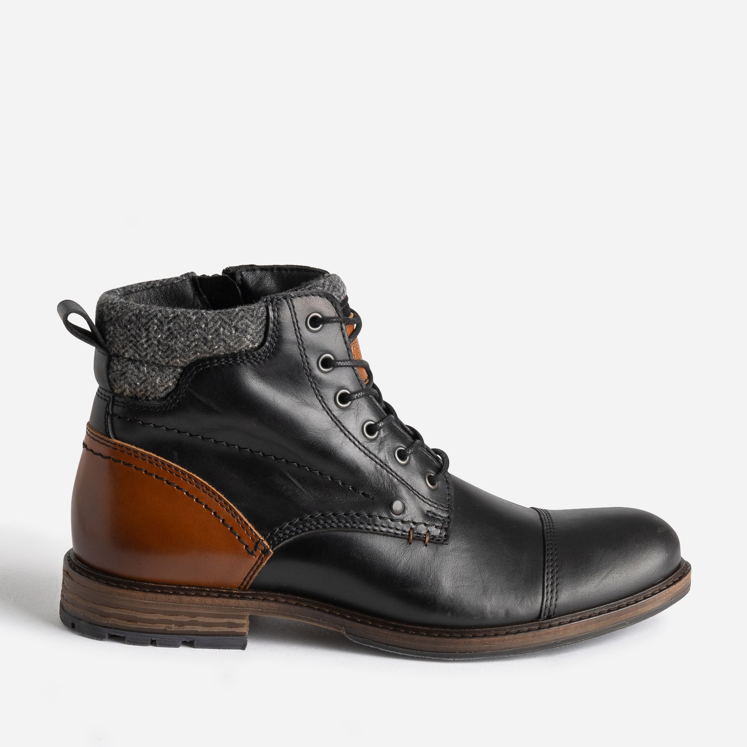 Boots à lacet noir et cognac en cuir