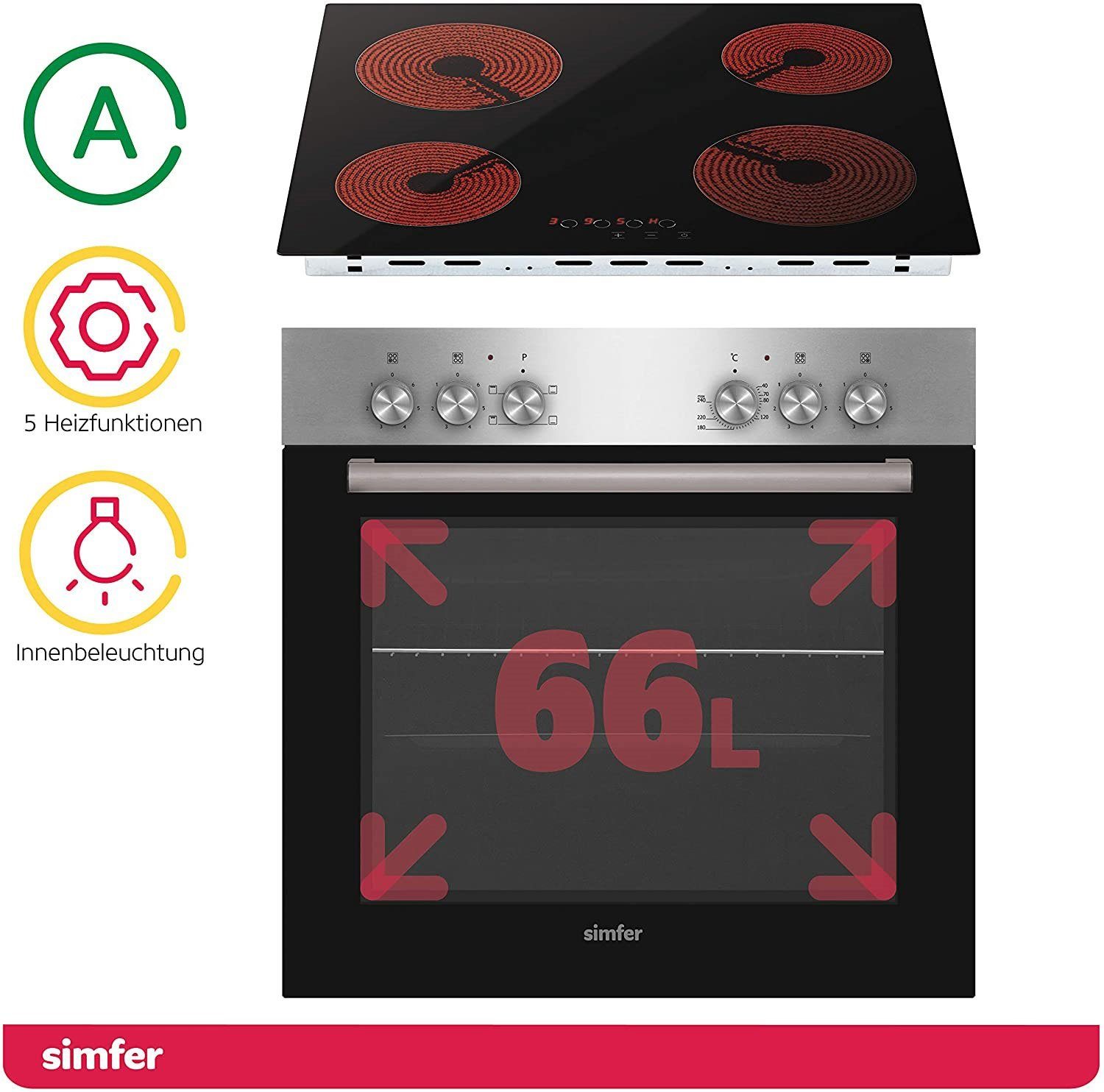 Simfer Elektro-Herd-Set SMF-CS 3024 Einbau Herd-Set, 60 cm, 66 Liter, mit Teleskopauszug nachrüstbar, SteamClean, Glaskeramik-Kochfeld, 4 Funktionen, Grillfunktion, Seitengitter
