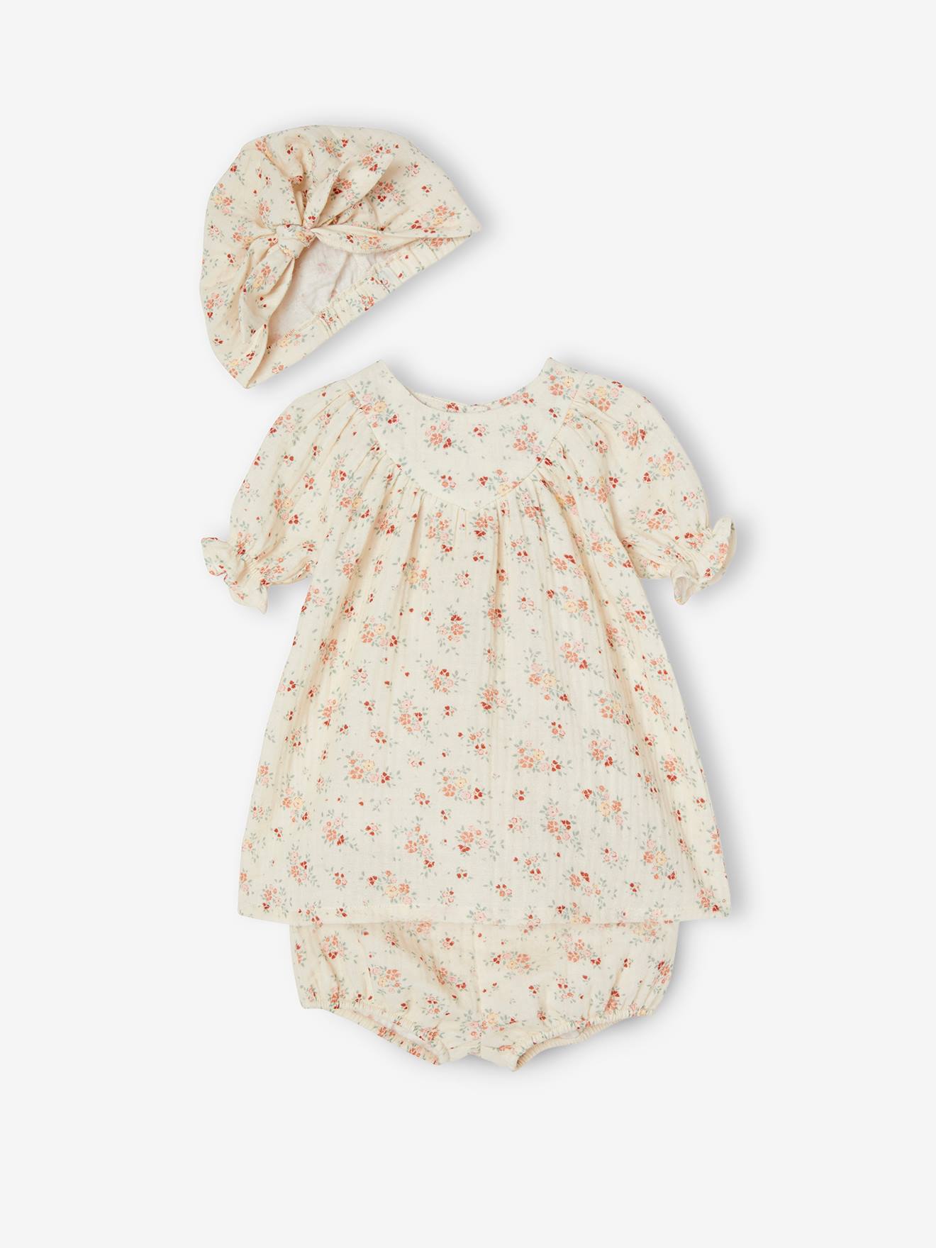 Ensemble bébé 3 pièces en gaze de coton : robe + bloomer + turban écru