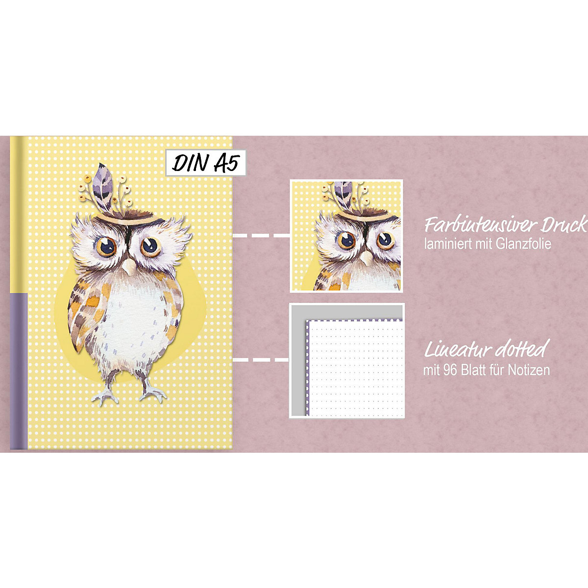 Notizbuch Eule, dotted, DIN A5, 96 Blatt