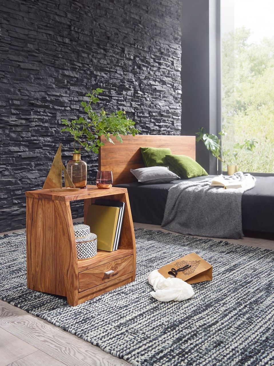 Wohnling Sheesham Massivholz Nachtkonsole mit 1 Schublade und Ablage 45 x 53 x 40 cm