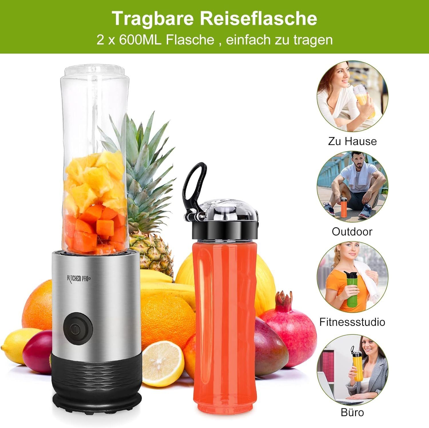 Kitchen Pro + Smoothie-Maker mit 2 To Go Flasche 260W Mixer Blender, 260,00 W, 304-Edelstahl, Leicht zu reinigen, 2 Tritan-Trinkflaschen