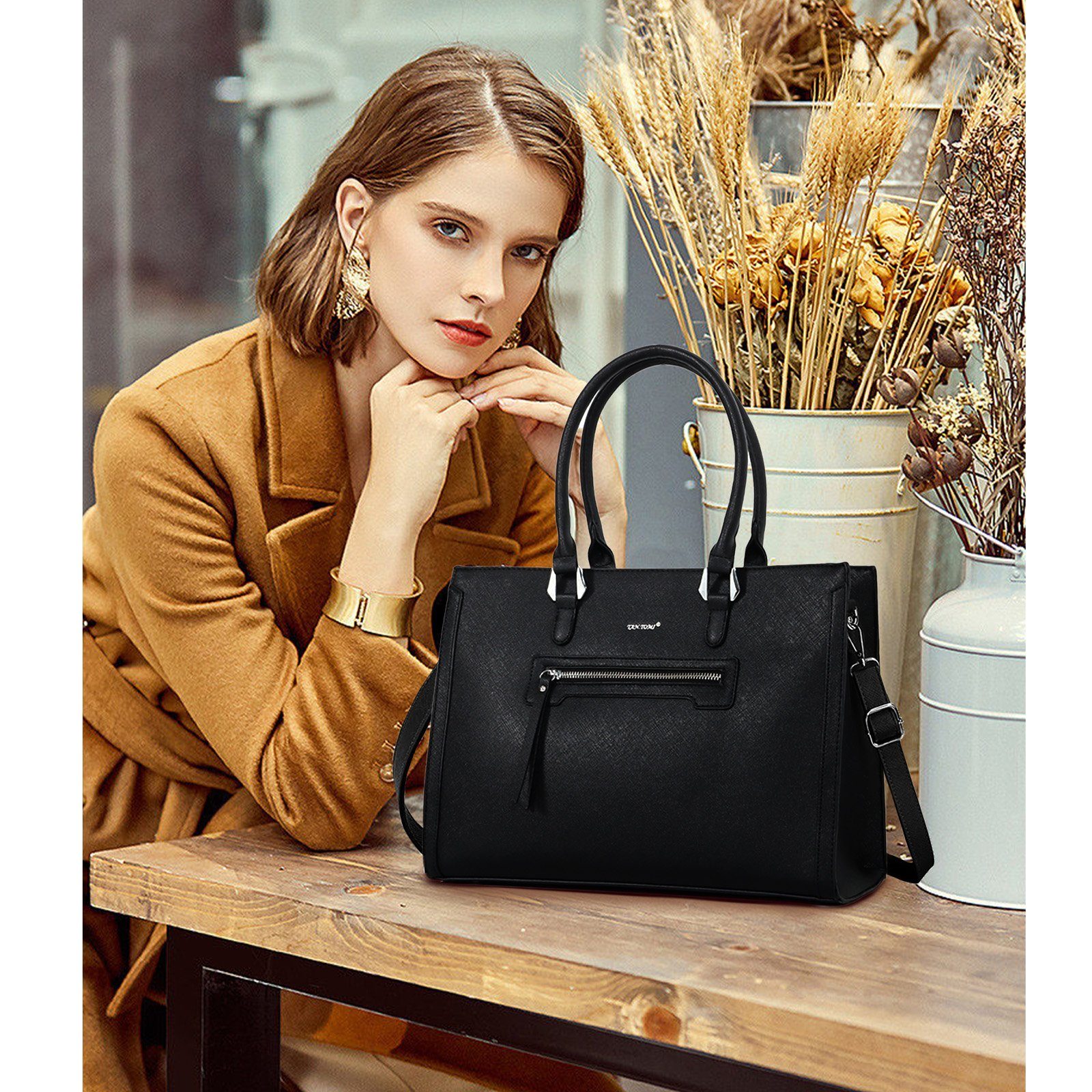 TAN.TOMI Businesstasche Business Handtasche Damen Leder Große Schultertasche Arbeit Schule, Bürotasche Damen 15 Zoll Notebooktasche mit 3 Fächern für Büro Schule