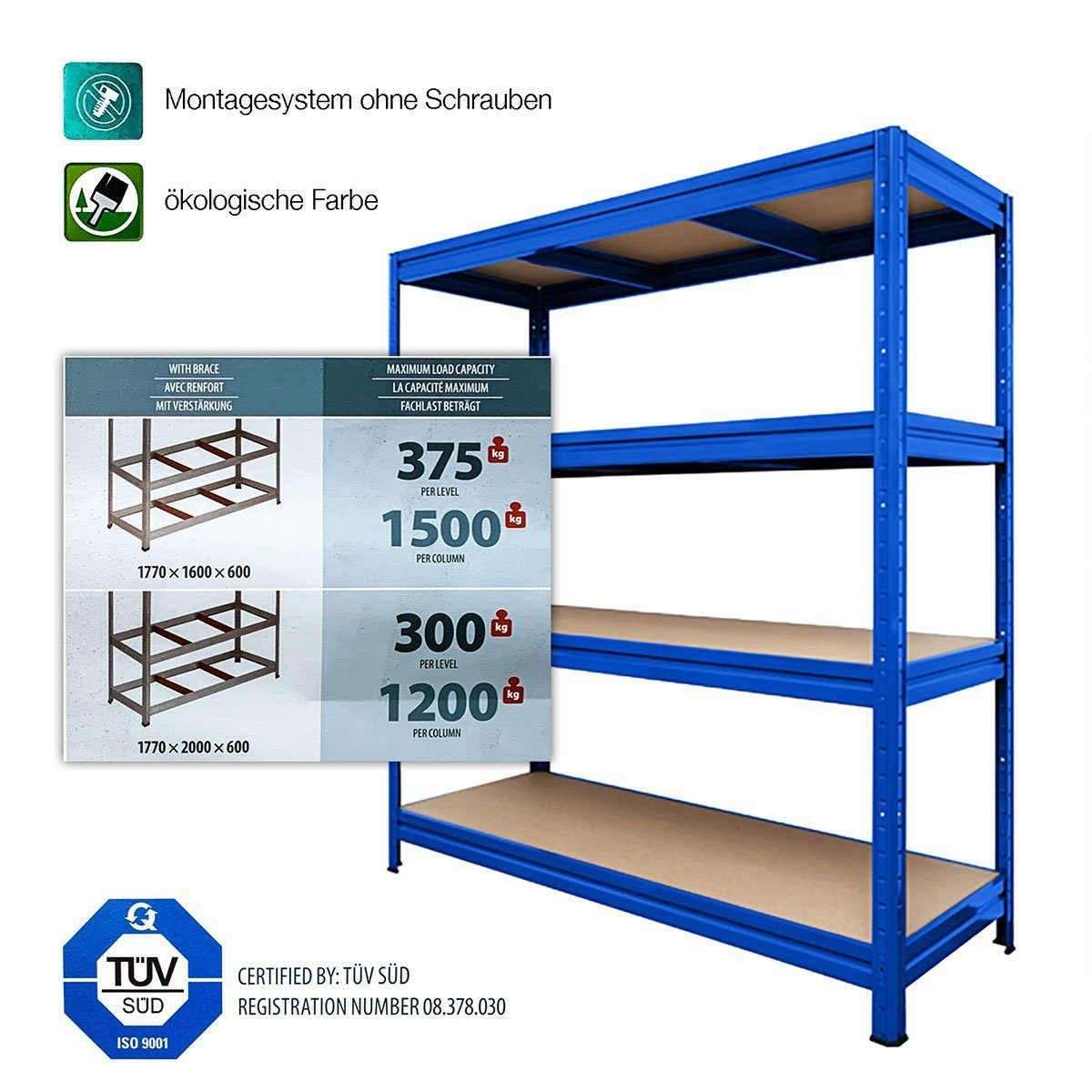 Office Marshal Schwerlastregal Weitspannregal Blau, 3 Größen, Regal, 1200 kg Tragkraft