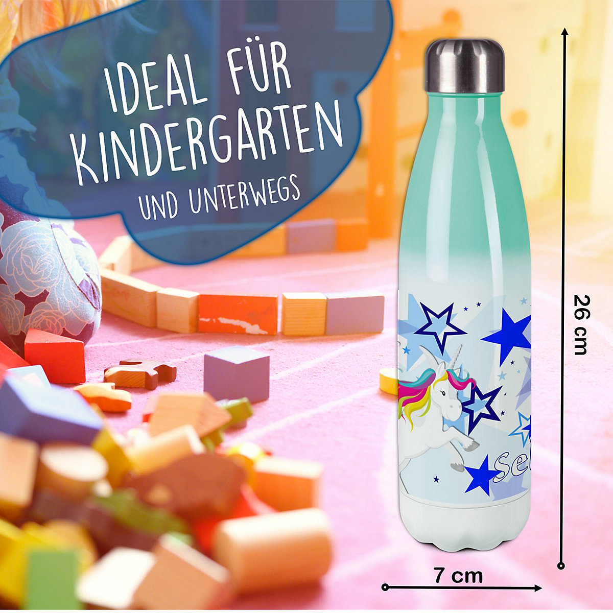 Edelstahl Kinder Thermoflasche / Trinkflasche bunt Pegasus Sterne Farbe blau Spülmaschinenfest, Auslaufsicher, Bruchfest, Doppelwandig, Für Heißgetränke geeignet, Mit Deckel, Isoliert