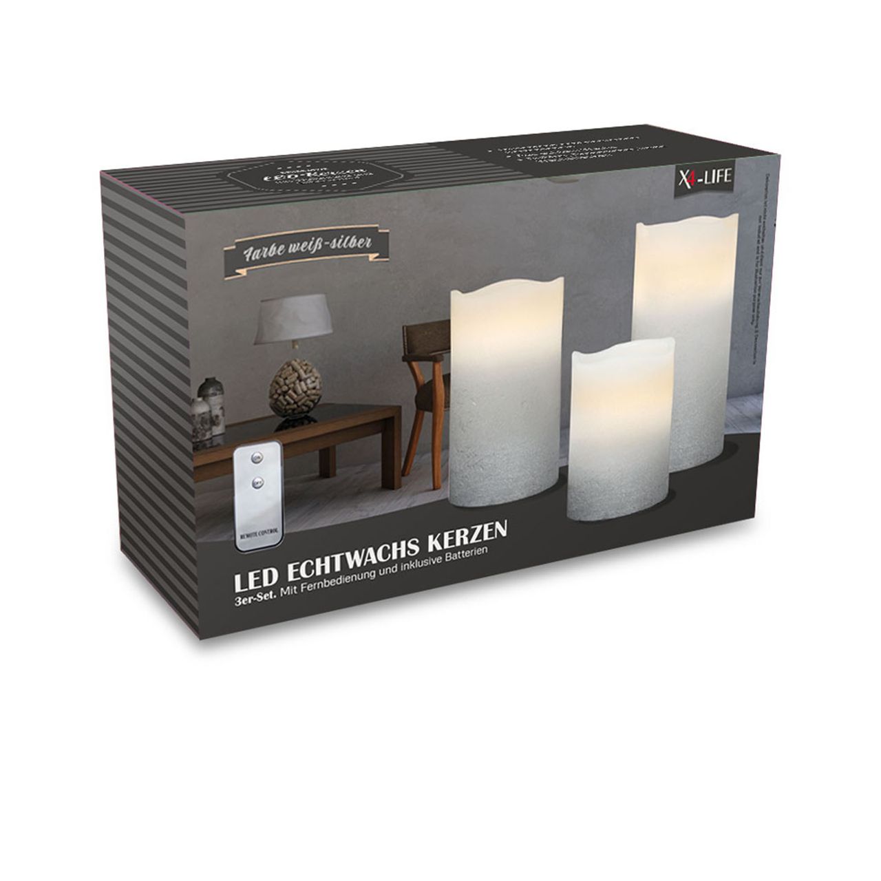 X4-Life X4-LIFE LED Echtwachskerzen mit Wellenrand und Silberverlauf 3er Set inkl. Fernbedienung