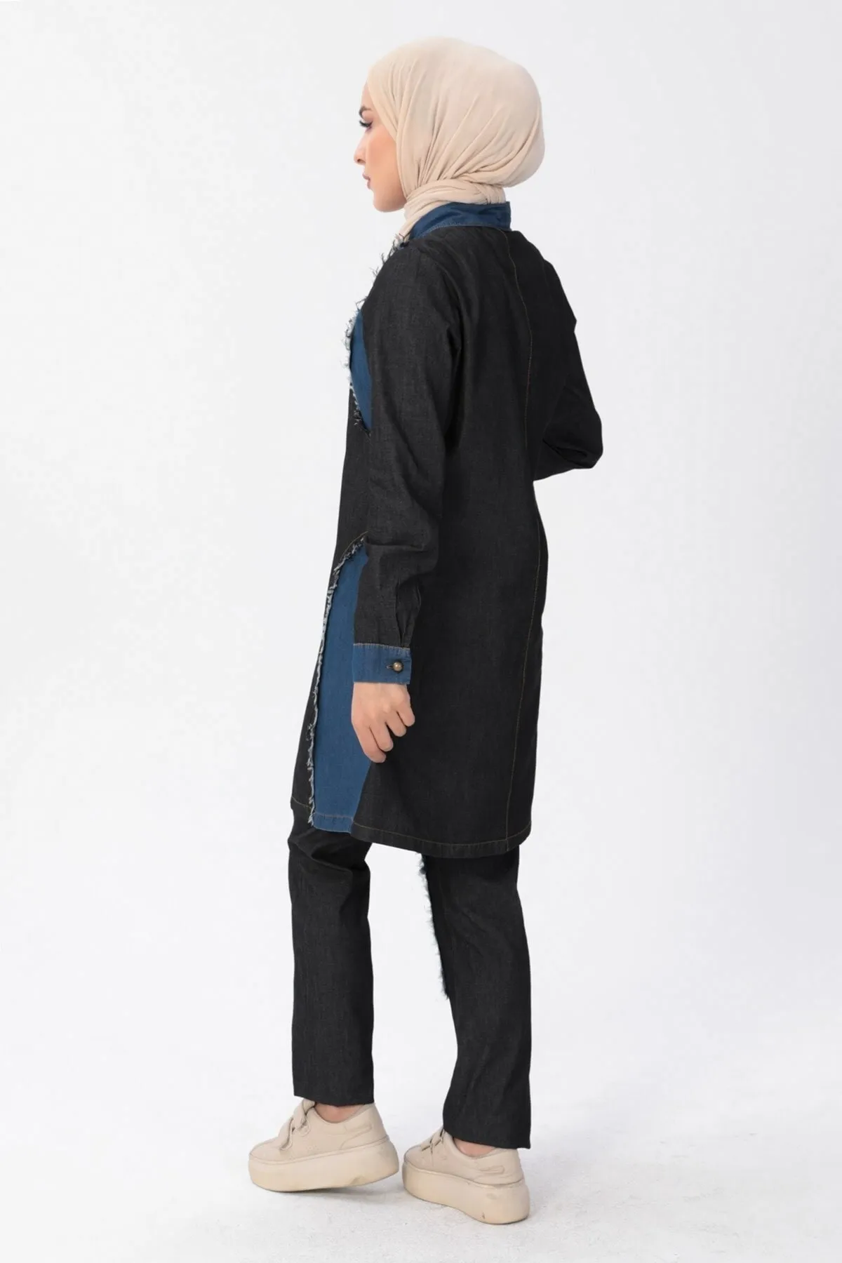 Modamihram  Reißverschluss-detaillierte Hijab-Denim-Kombination Schwarz 10074