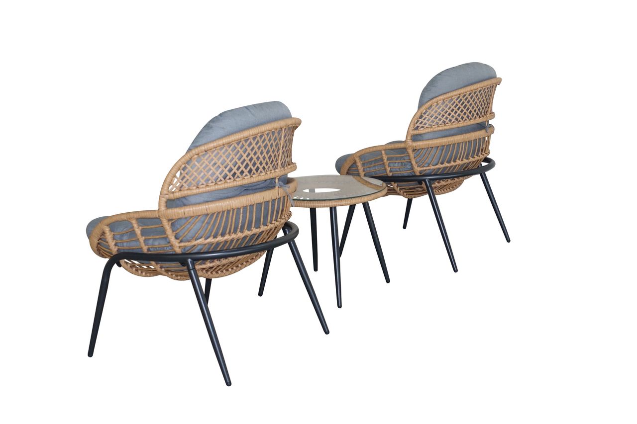 Happy Home Happy Home Dining-Set 3 tlg. HGS39-GRA helles Rattan mit Sitzkissen in grau
