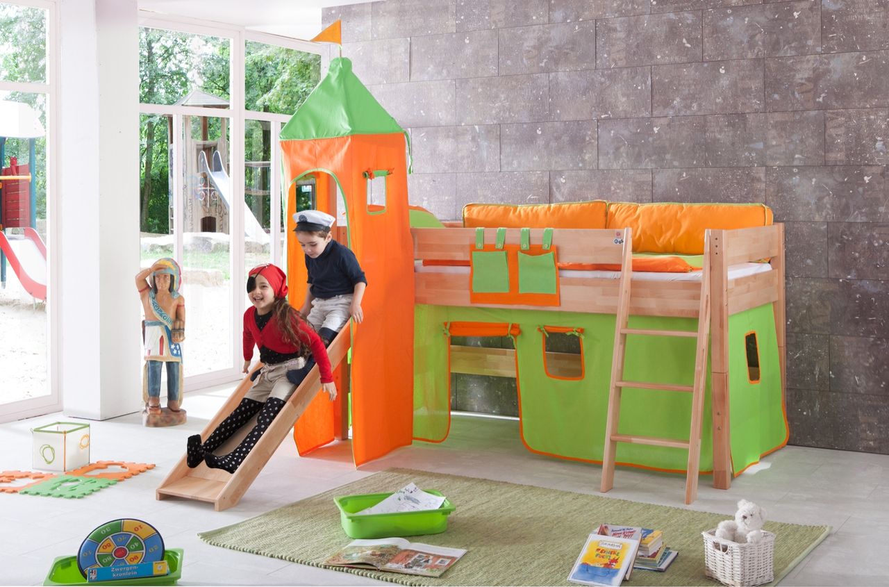 Relita Spielbett KIM 90x200 cm, mit Rutsche, Turm Buche massiv natur lackiert Stoffset grün/orange