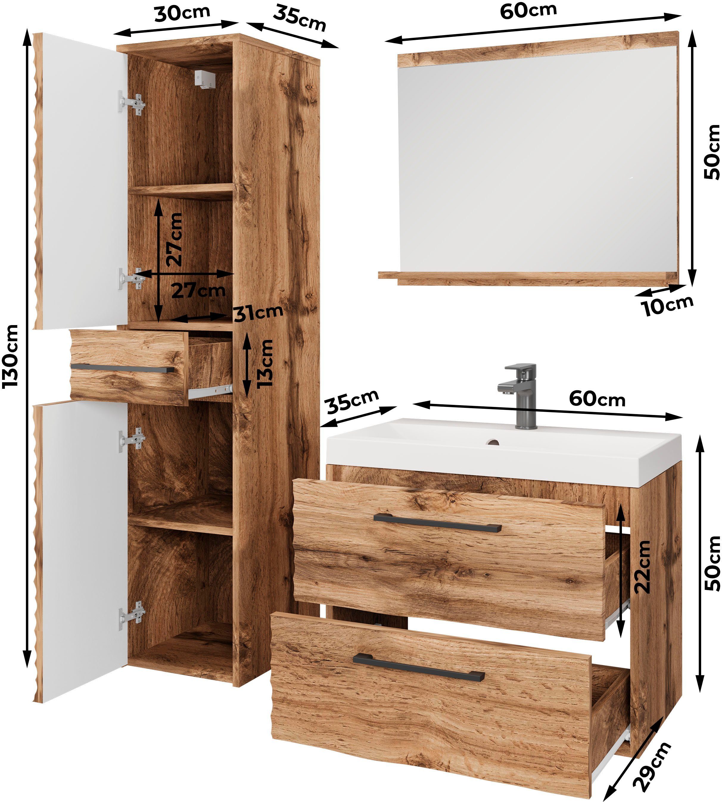 welltime Badmöbel-Set Canada, (Komplett-Set, 3-St., Fronten mit Wellenstruktur), Badmöbel mit Soft-Close, Waschtisch mit Becken, Spiegel und Badschrank