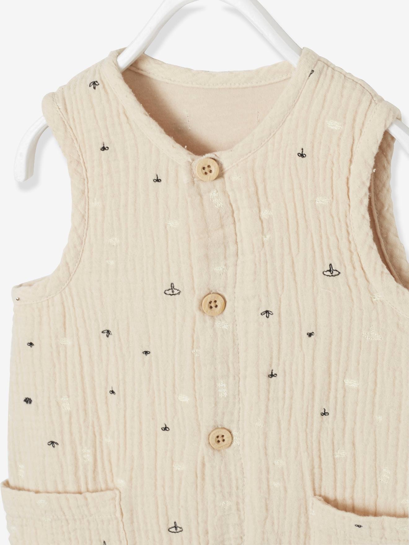 Combinaison bébé naissance garçon en gaze de coton brodée beige