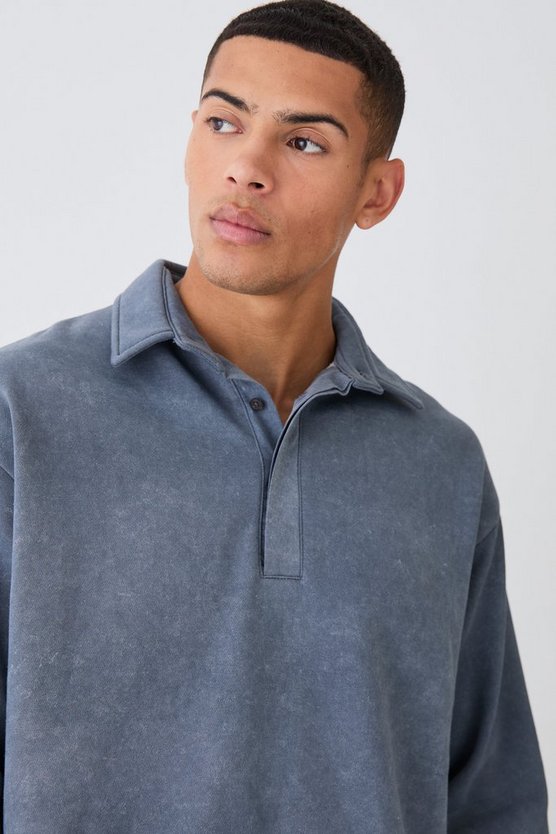Oversized Washed Rugby Sweatshirt Polo