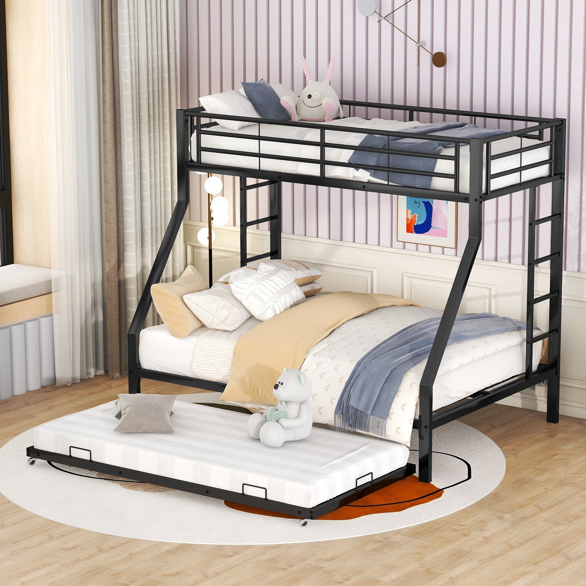 WISHDOR Kinderbett Einzelbett, Bett, Etagenbett, Metallbett mit ausziehbarem Bett (mit Leiter auf beiden Seiten für Kinder Jugendliche, Erwachsene, einfach zu montieren, 90(140)x200cm), Ohne Matratze