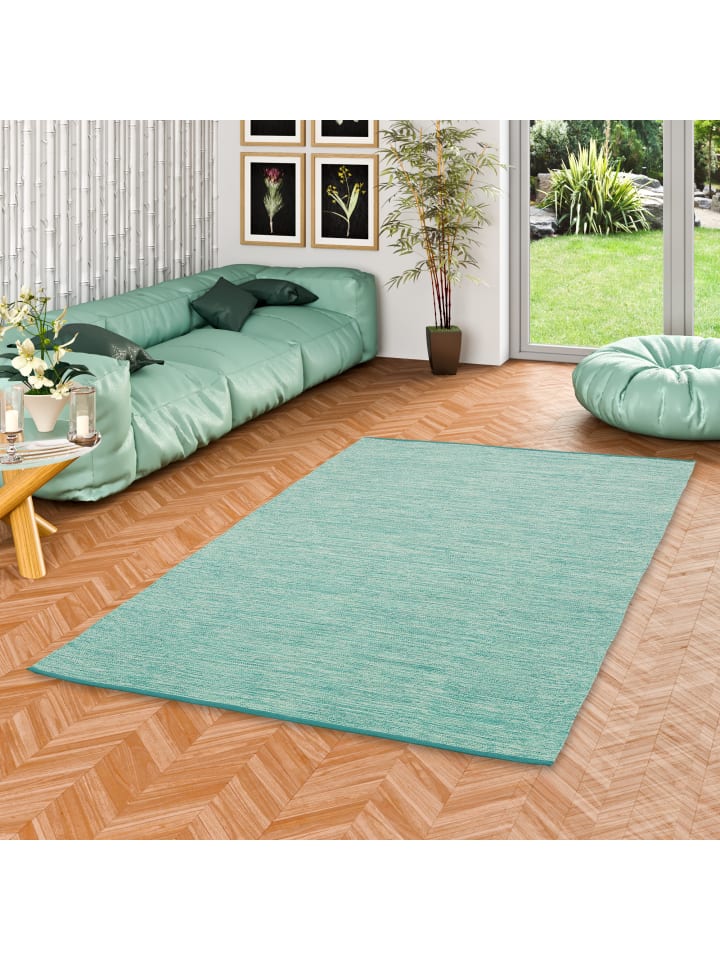 Pergamon Baumwolle Natur Kelim Teppich Easy Meliert in Türkis günstig kaufen