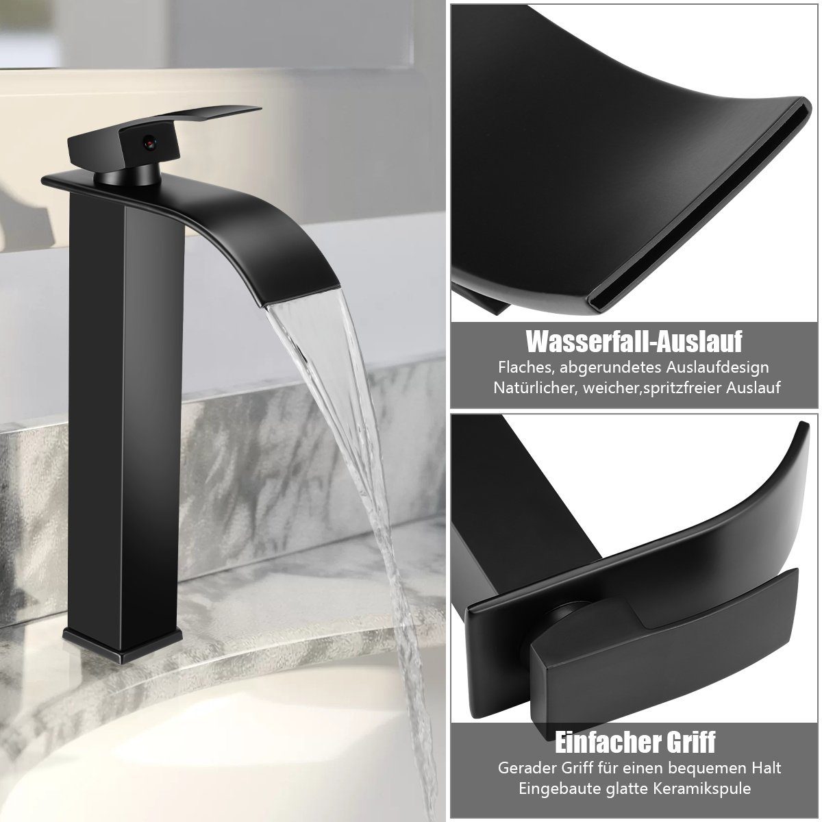 LETGOSPT Waschtischarmatur Waschtischarmatur, Wasserhahn Bad mit Auslauf Höhe 20cm, mit Zugstange Badarmatur wassersparend, Matt-Schwarz Edelstahl 304
