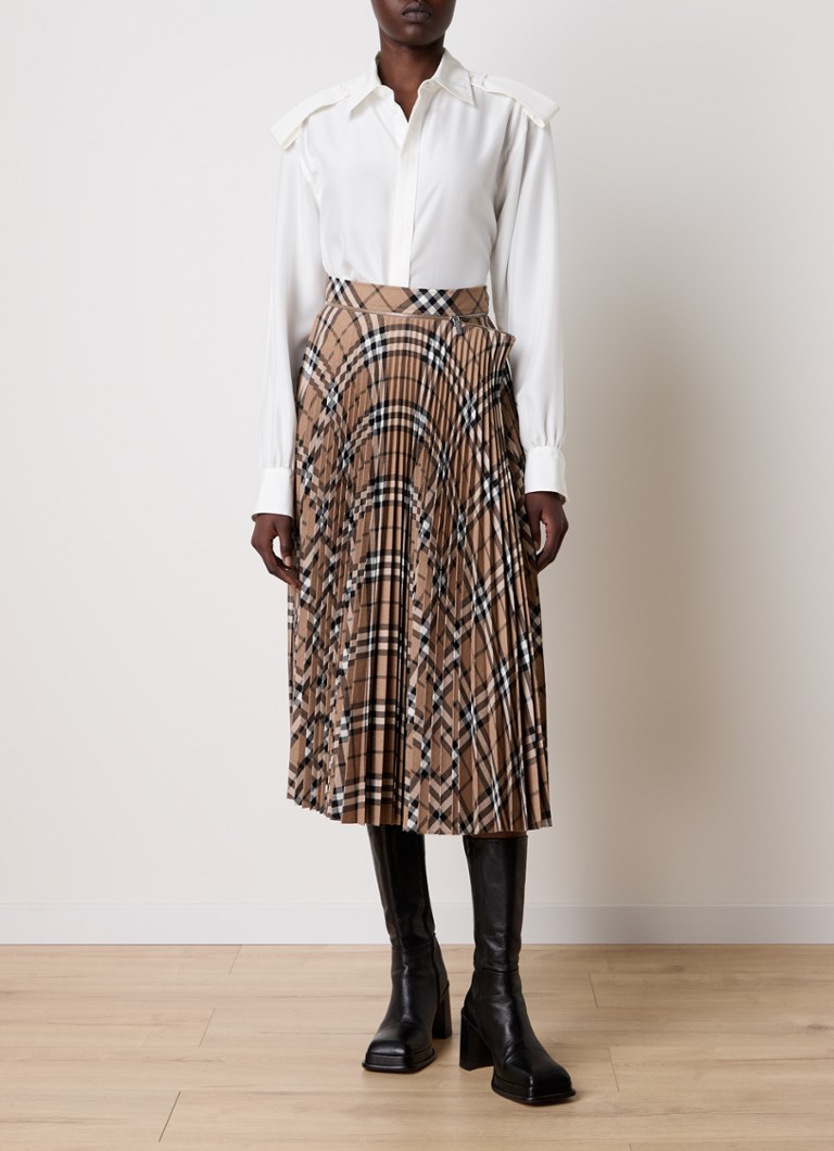 Fustă midi plisată în carouri Burberry din amestec de lână