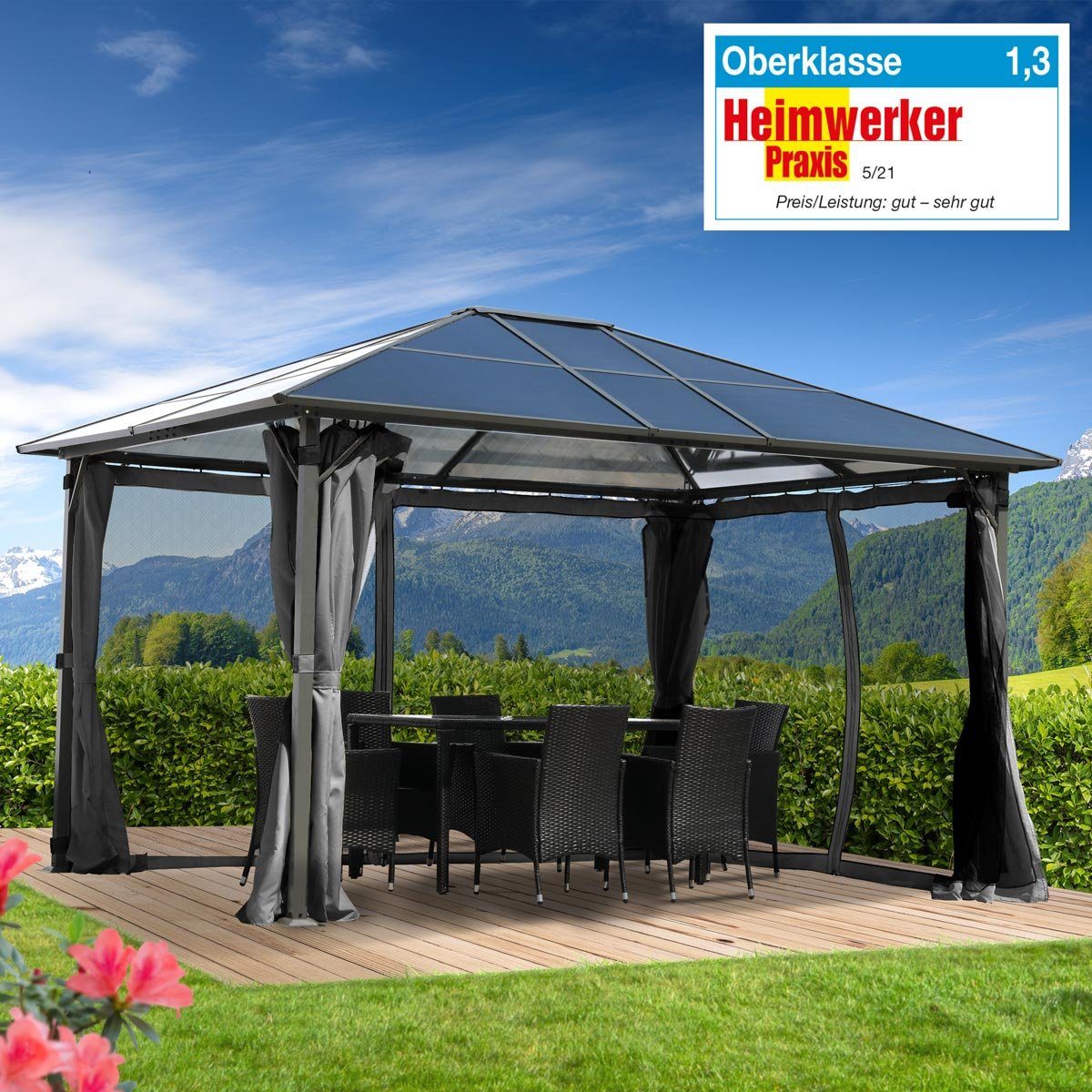 BRAST Pavillon Premium Aluminium Größen 3x4m 3,6x4,8m Moskitonetz, LED TÜV geprüft wasserdicht UV-Schutz festes Dach