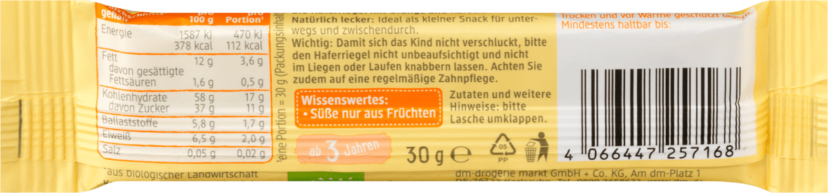 Fruchtriegel Hafer Orange-Karotte, ab 3 Jahre, 30 g