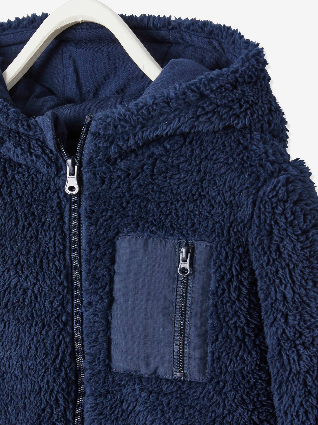 Vertbaudet Jungen Kapuzensweatjacke aus Fell-Imitat Oeko-Tex - blau