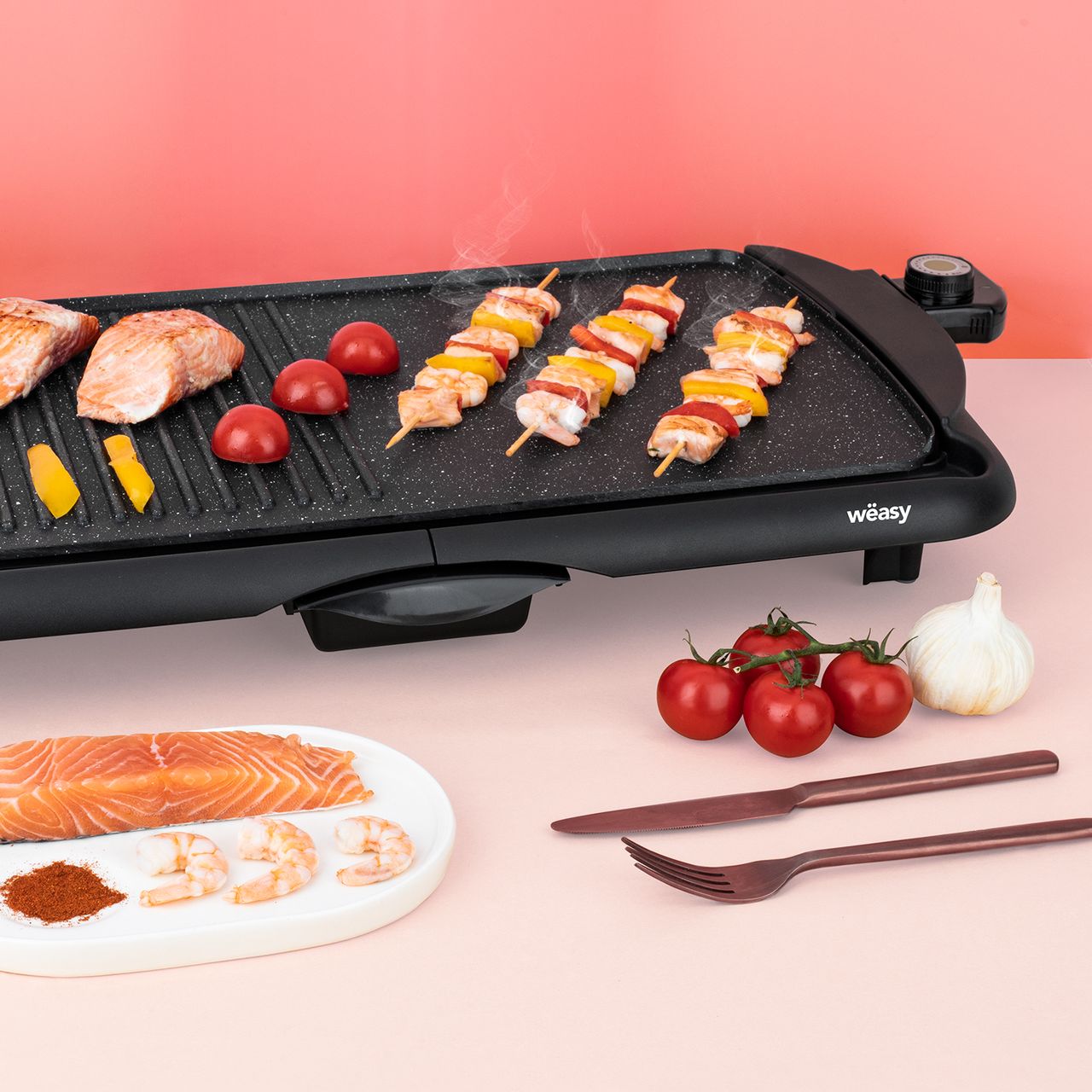 Weasy Wëasy STO52 Elektro-Grillplatte, Antihaft-Tischplatte, Teppanyaki-Grillplatte, Grillfläche 52 x 27 cm, regelbares Thermostat und Auffangschale, 2000 W