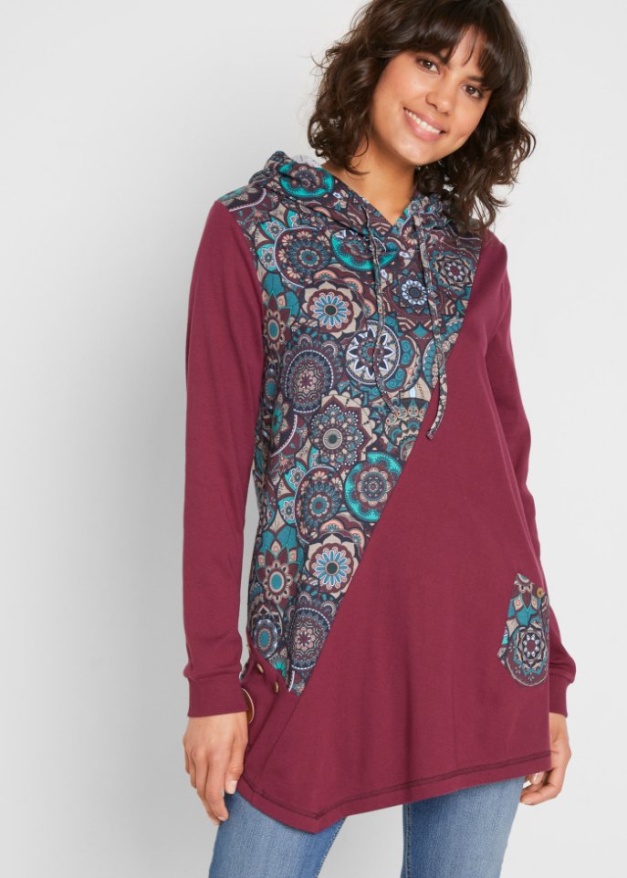Kapuzenshirt mit Zipfelsaum und Patchwork-Optik, langarm
