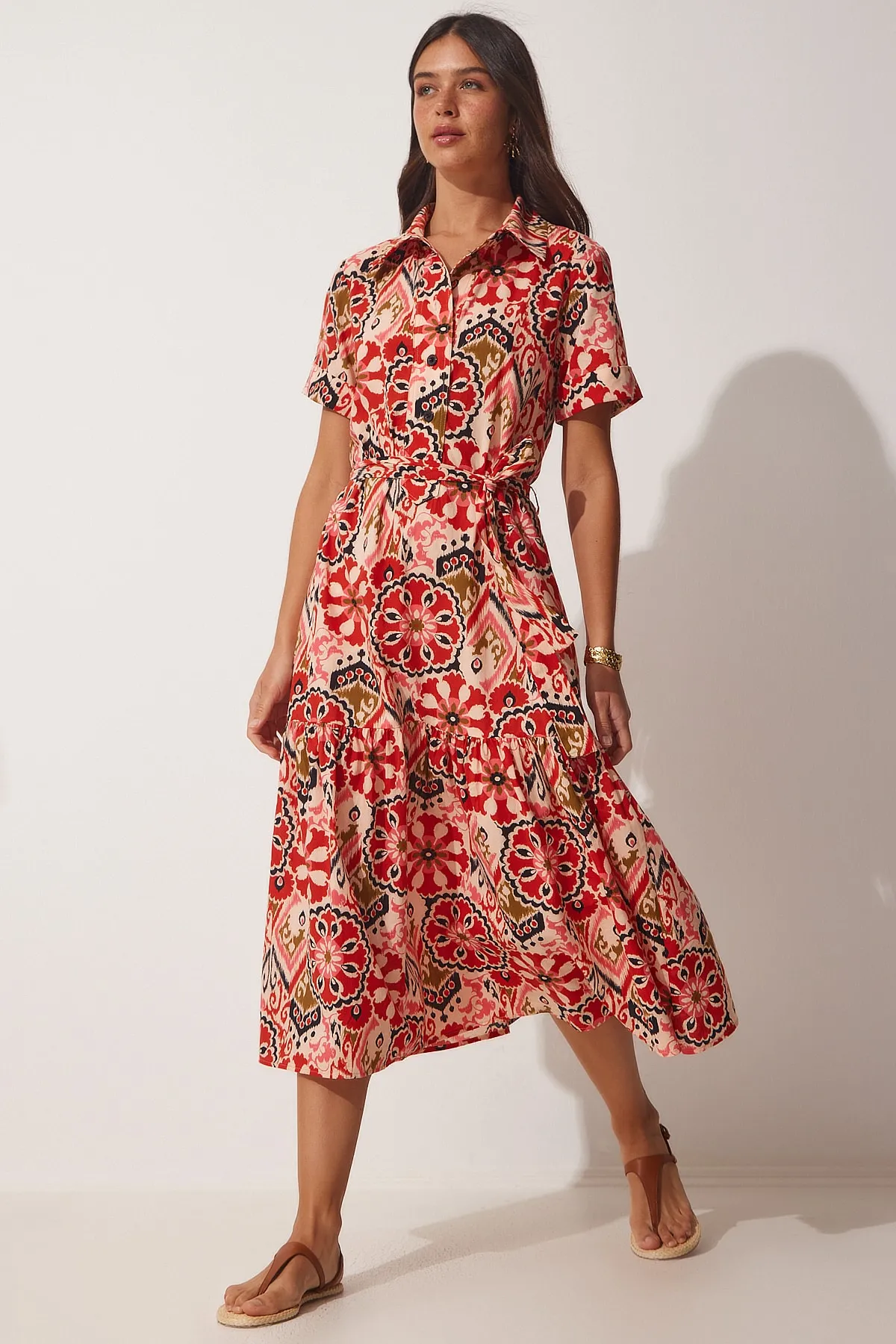 Happiness İstanbul  Ziegelbeige gemustertes Sommer-Hemdblusenkleid aus Baumwolle für Damen MX00100