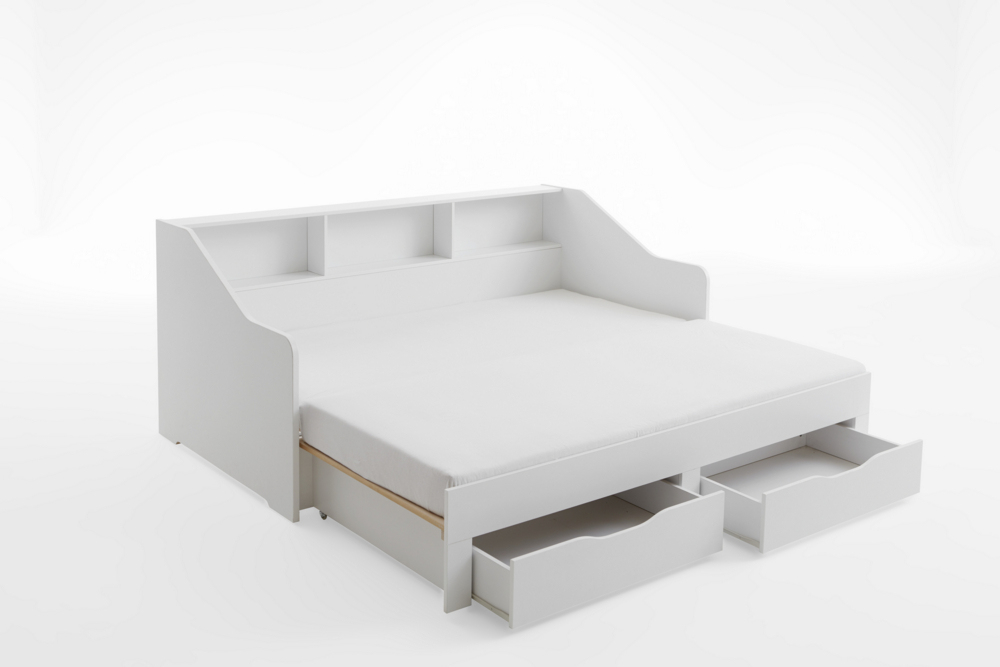 Relita Funktionsbett RENE von 90 auf 180 x 200 cm ausziehbar, mit 2 Schubladen & Regal, weiß