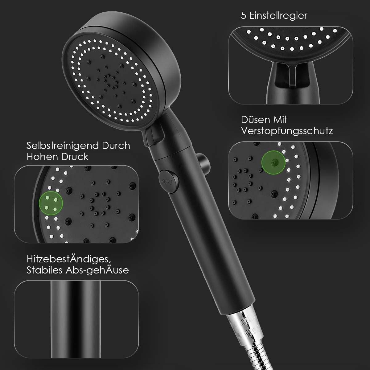 oyajia Handbrause Hochdruck Duschkopf Handbrause Sparduschkopf 5 Strahl Einstellungen, Handbrause Mit Wasserstopp-Taste, Mit Brauseschlauch 1.5m