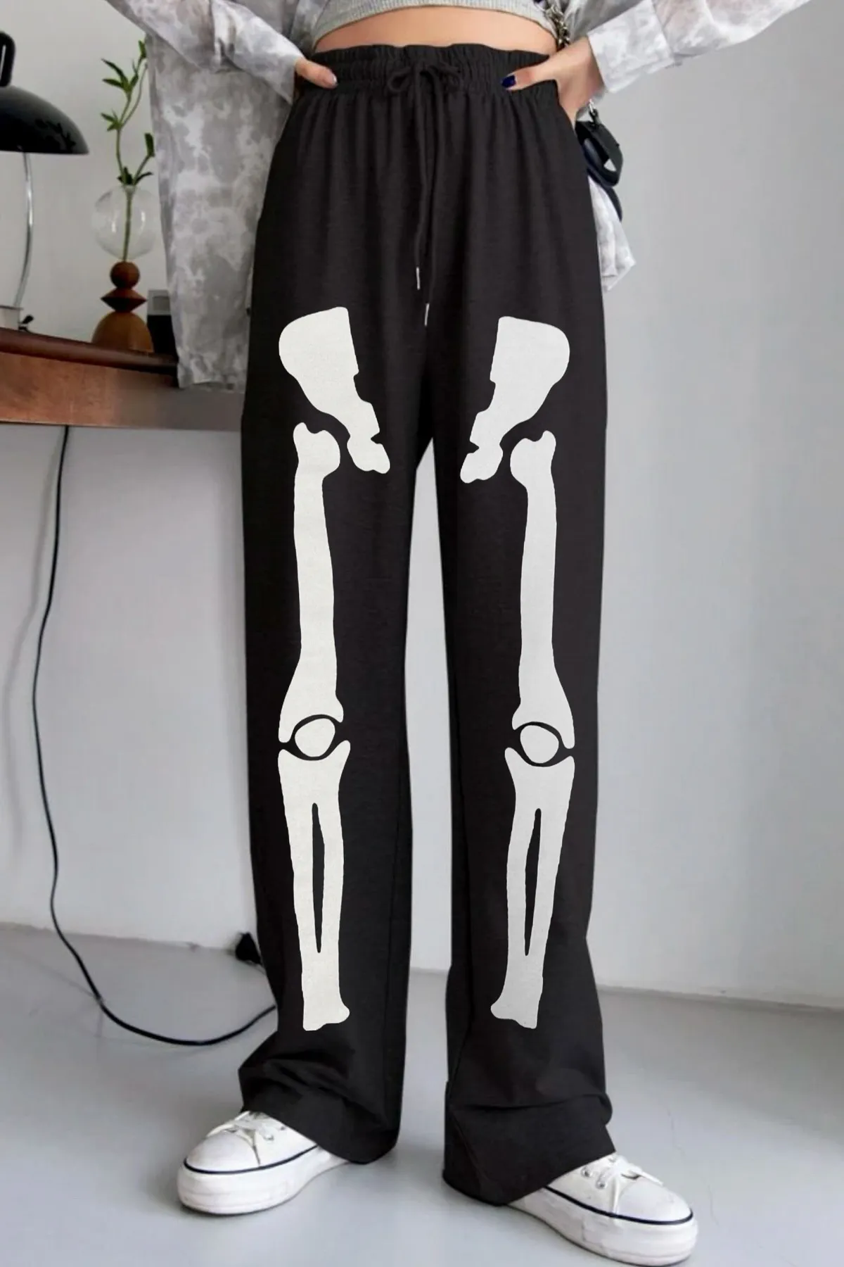 EFBUTİK  Schwarze Skelett-Jogginghose mit weitem Bein