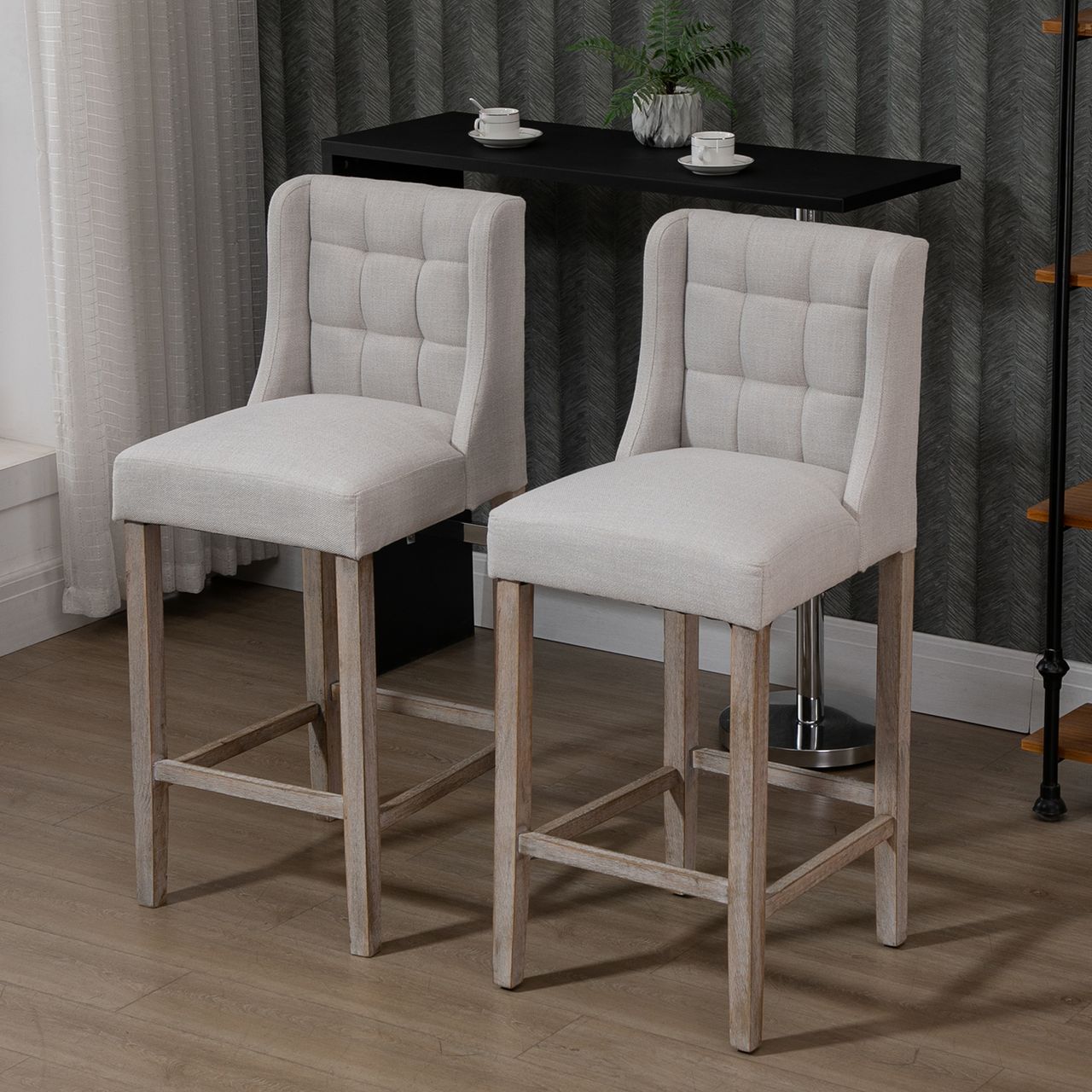 HOMCOM 2er-Set Barhocker moderne Küchenstühle Bistrohocker Barstühle für Küche mit Rückenlehne Tresenhocker Leinen-Touch Gummiholz Beige 47 x 50 x 101 cm