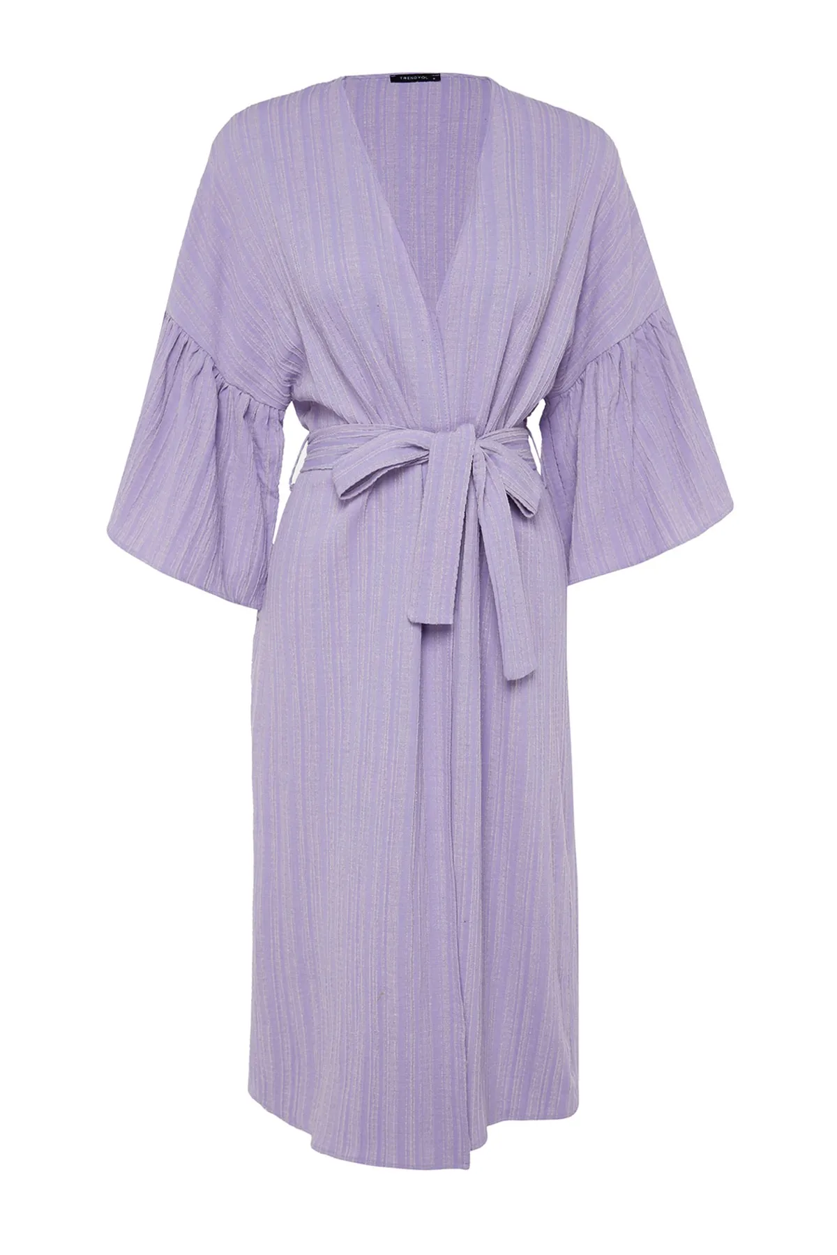 Trendyol Collection  Lilafarbener Maxi-Kimono und Kaftan aus Strick mit Volant und Gürtel TBESS23KM00028
