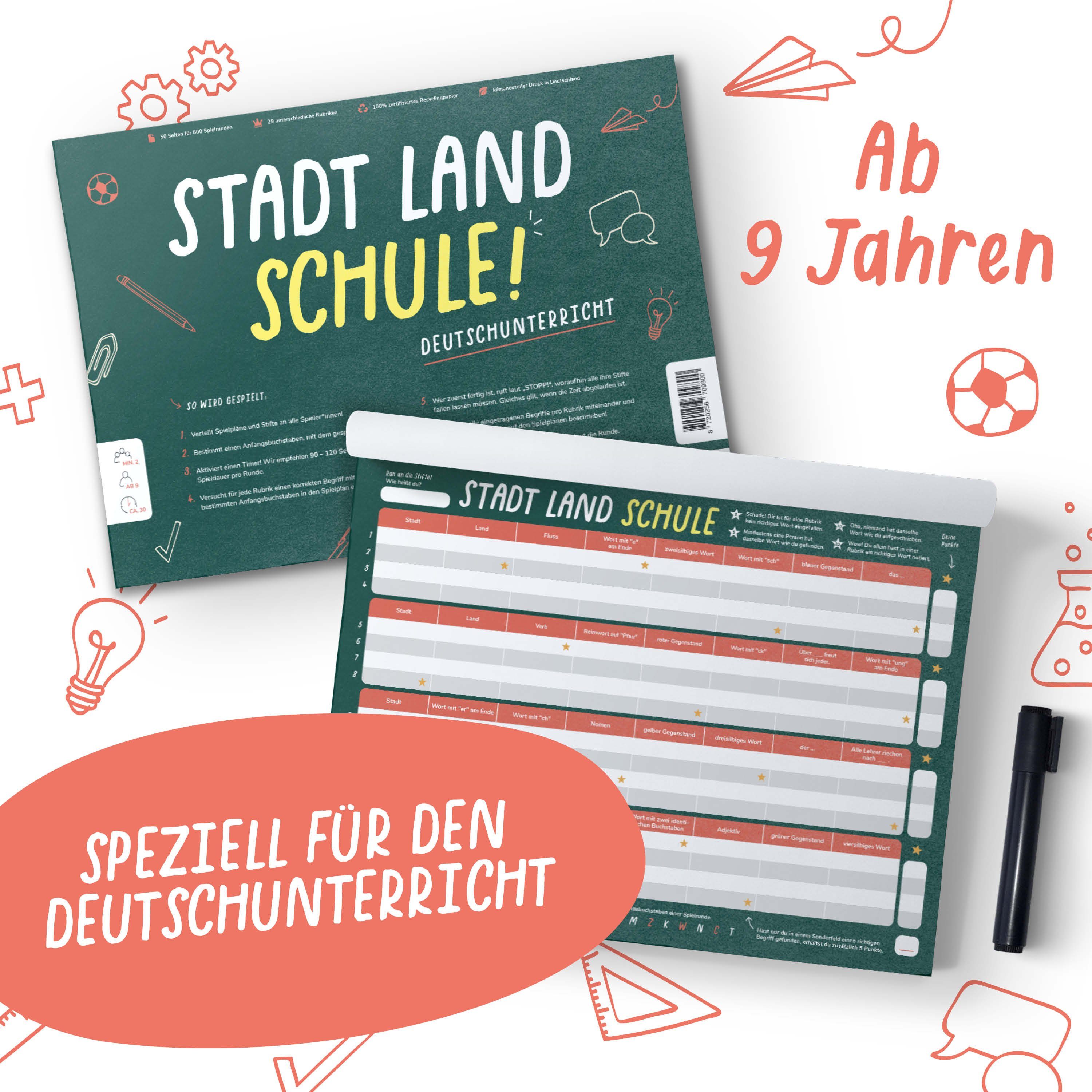 Pihu Spiel, Lernspiel STADT LAND SCHULE (DEUTSCH), Lernspiel für den Deutschunterricht, Klimaneutral gedruckt