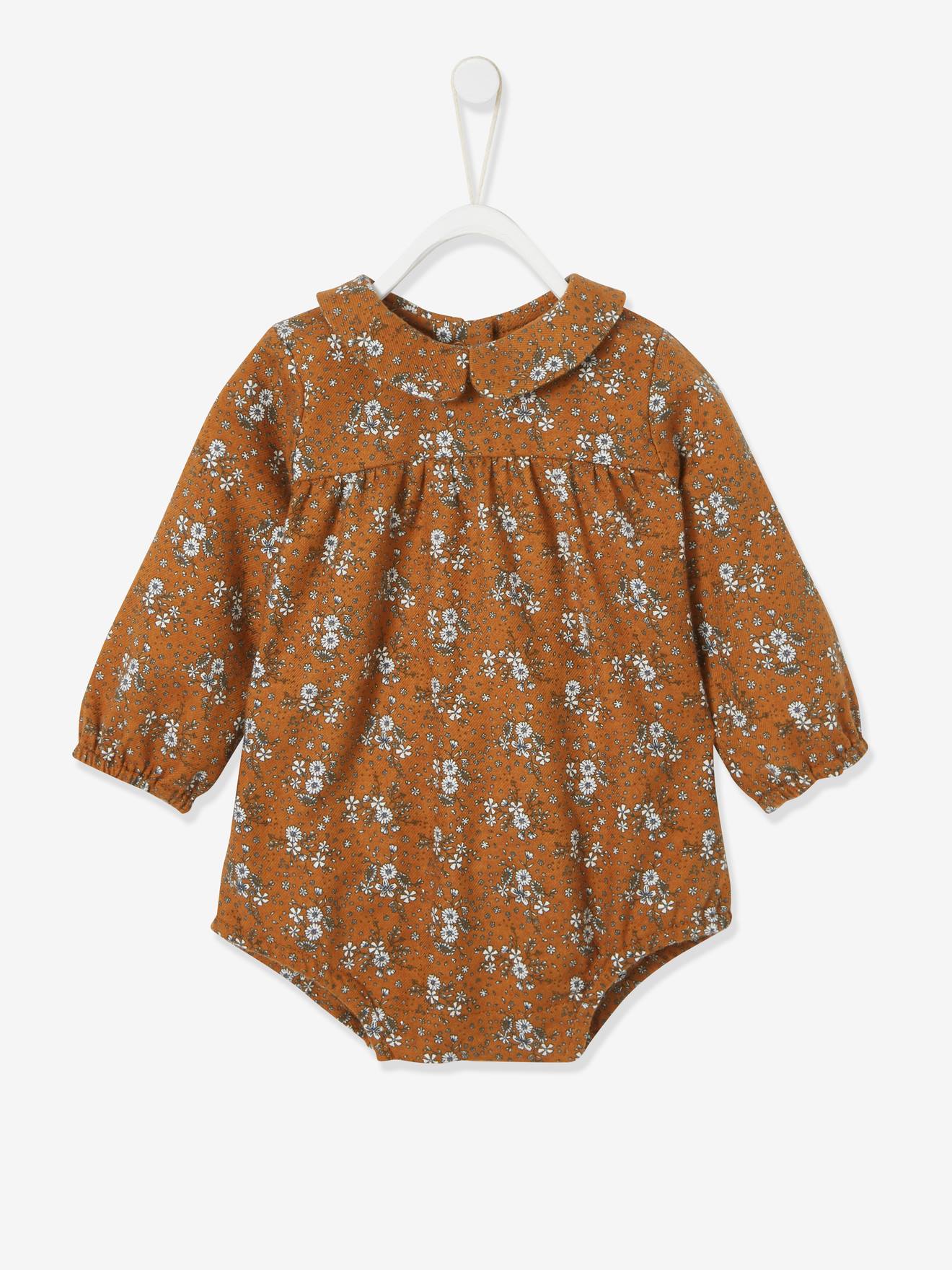 Barboteuse fleurie bébé manches longues caramel imprimé