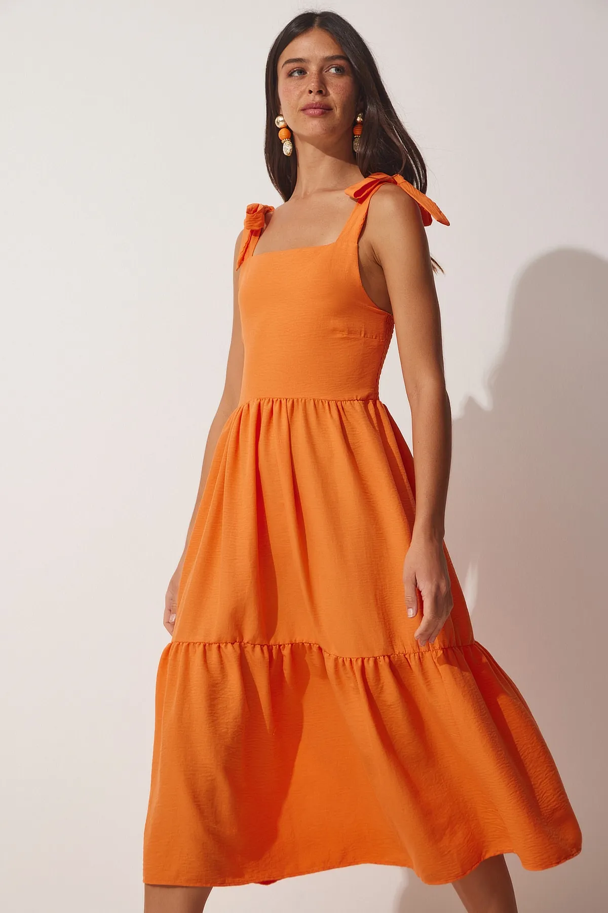 Happiness İstanbul  Orangefarbenes Sommer-Popeline-Trägerkleid für Damen ZH00030
