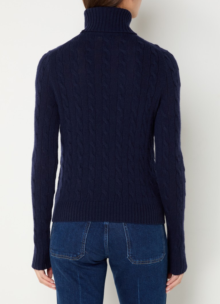 Pull à col roulé Ralph Lauren en maille torsadée, mélange cachemire, avec broderie logo.