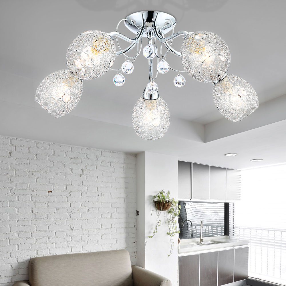 etc-shop LED Kugelleuchte, Leuchtmittel nicht inklusive, Deckenleuchte Kristall Deckenlampe Beleuchtung Chromgeflecht Licht