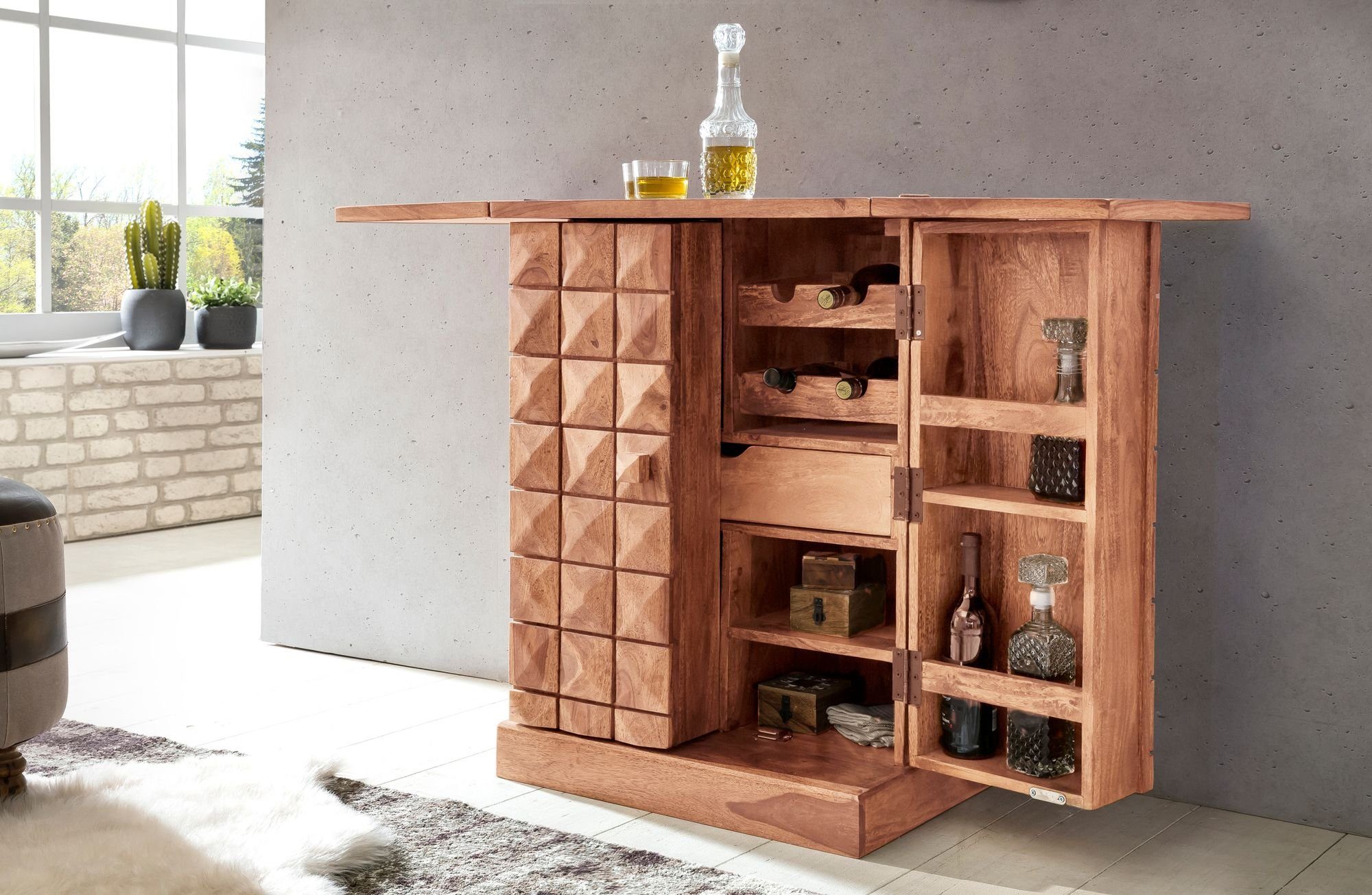 Wohnling Barschrank WL1.736 (Hausbar Akazie Massivholz 65x91x50 cm mit Türen) Weinbar Ausklappbar, Barschrank, Kleine Bar Buffet